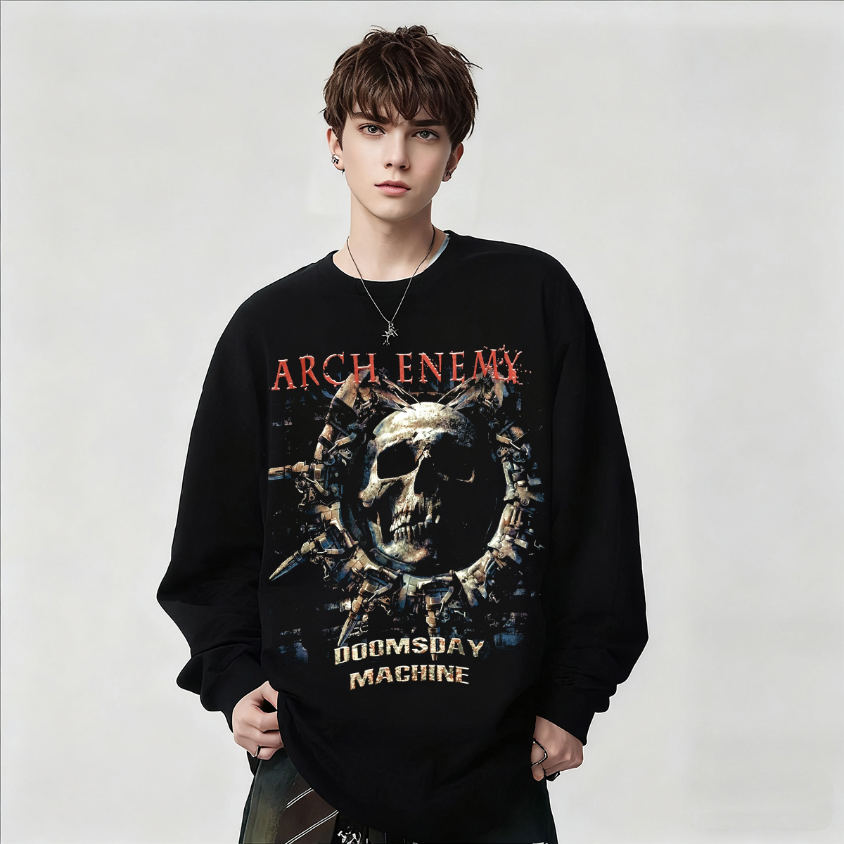 朋克风Arch Enemy大敌乐队长袖T恤男黑色骷髅头印花上衣内搭春秋