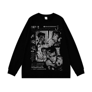 【贾斯汀比伯】人像设计进口白墨直喷印花长袖T恤男纯棉打底春秋