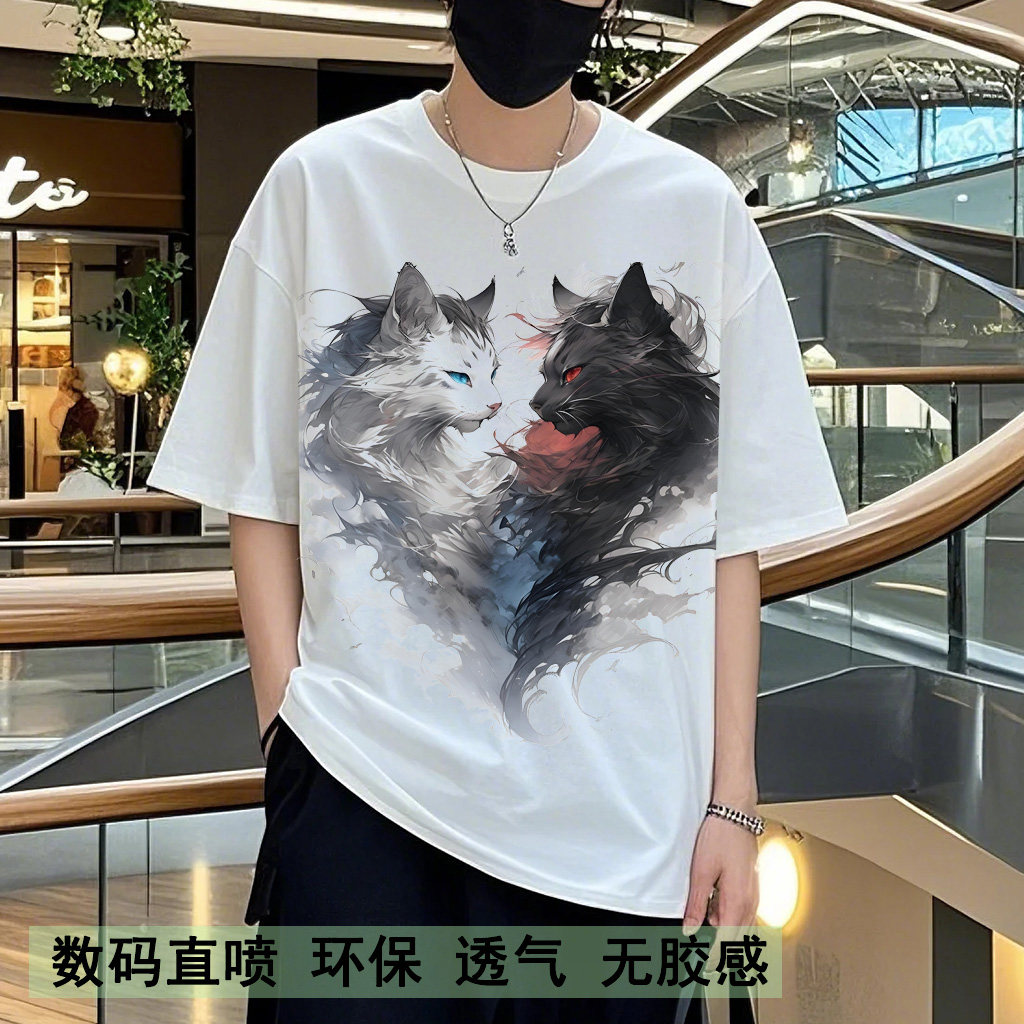 美式复古爱心云雾猫纯棉短袖t恤女男夏vintage高街情侣上衣潮牌夏