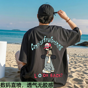 2025美式新款青少年纯棉数码直喷印花短袖T恤初中高中生男女款夏