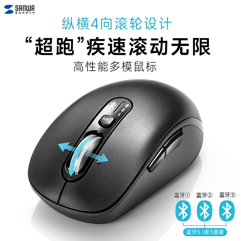 日本SANWA无线蓝牙鼠标4向疾速滚轮人体工学男女静音小巧电脑通用