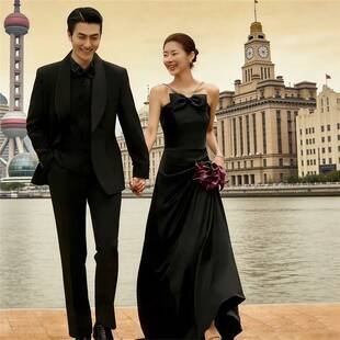 黑色轻婚纱礼服吊带长款 显瘦露背旅拍新娘订婚礼服影楼拍照 修身