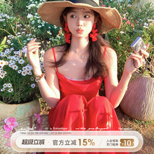 Acaine红色中长款收腰吊带连衣裙女夏季法式复古气质高级感裙子