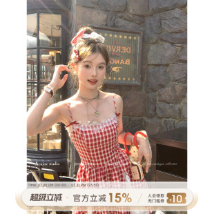 Acaine中长款 甜美小个子裙子 红色格子吊带a字连衣裙女夏季 法式