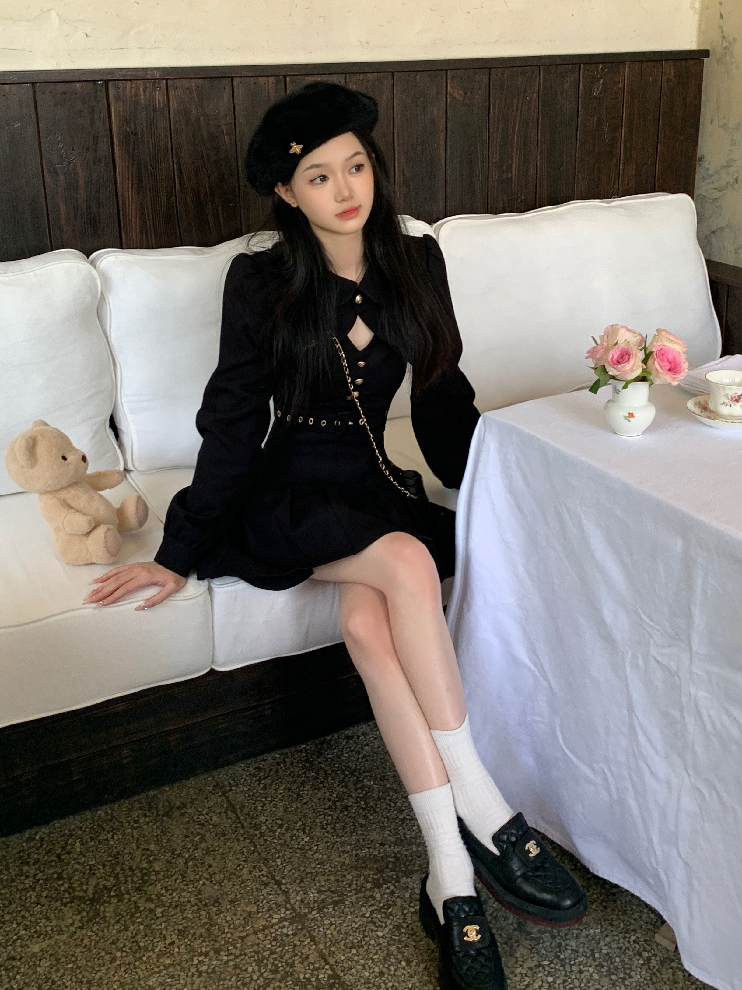 acaine 巴黎假日/奶系穿搭早秋套装气质千金小香风外套吊带连衣裙