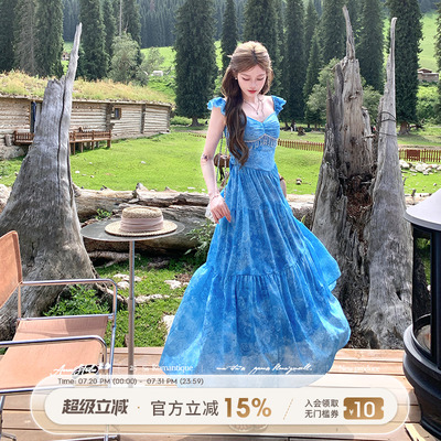 浪漫油画玫瑰露背连衣裙