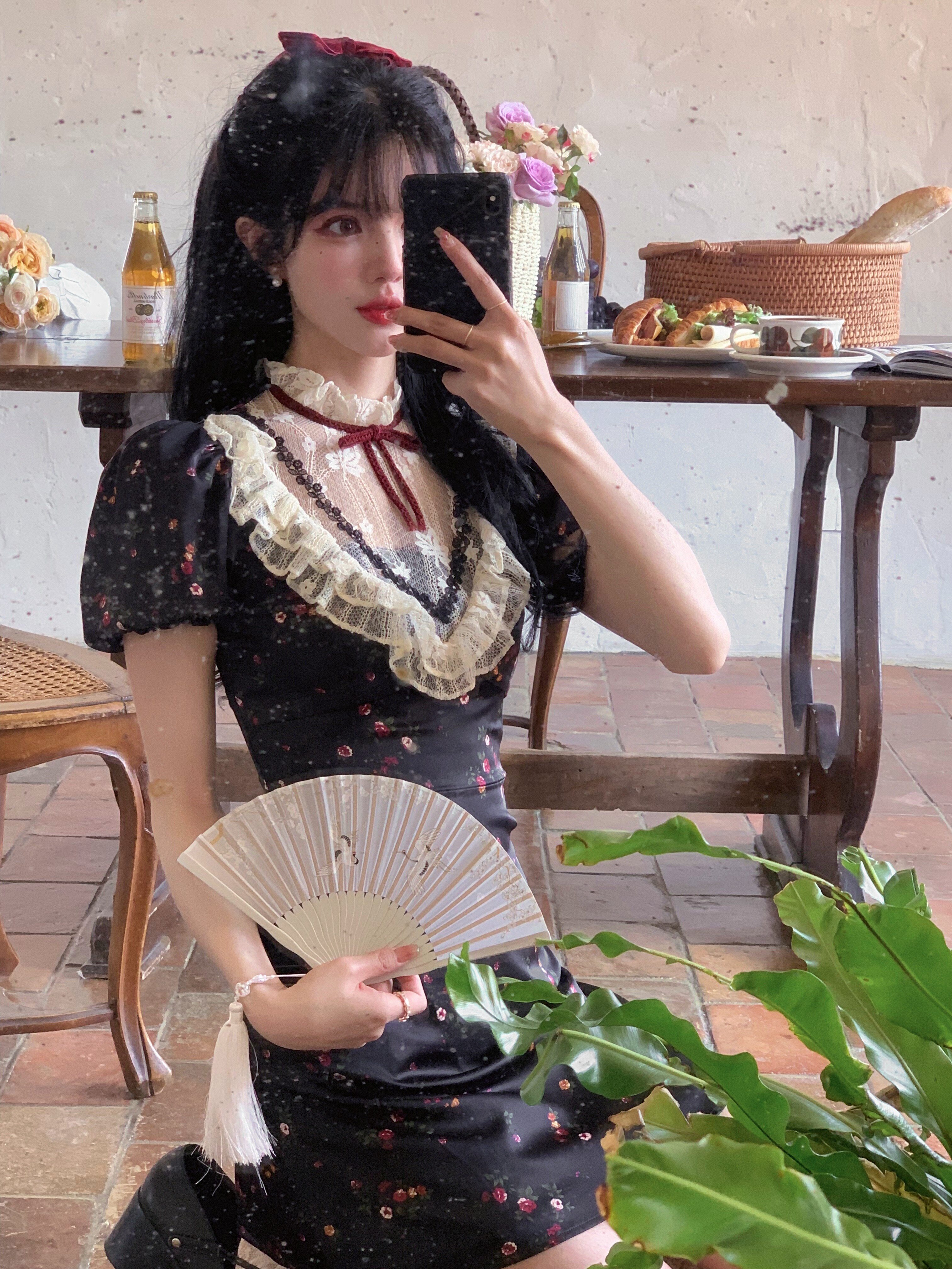 acaine 瑟堡香颂/裙子质感高级感新款收腰显瘦蕾丝花边拼接连衣裙