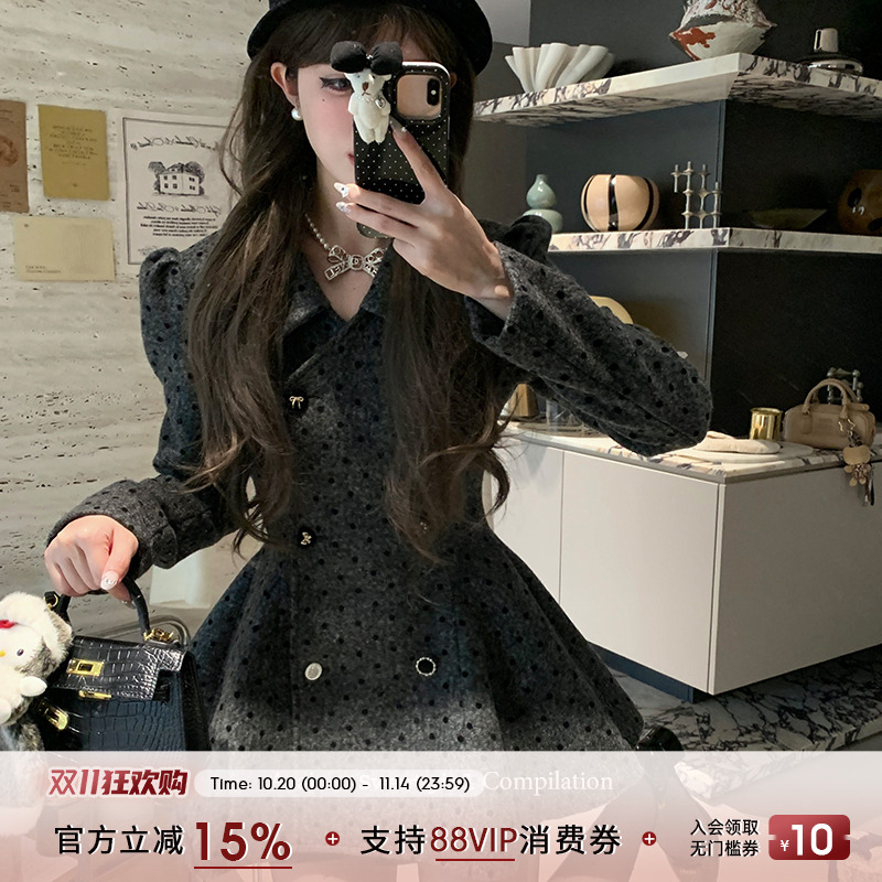 Acaine法式复古波点毛呢大衣