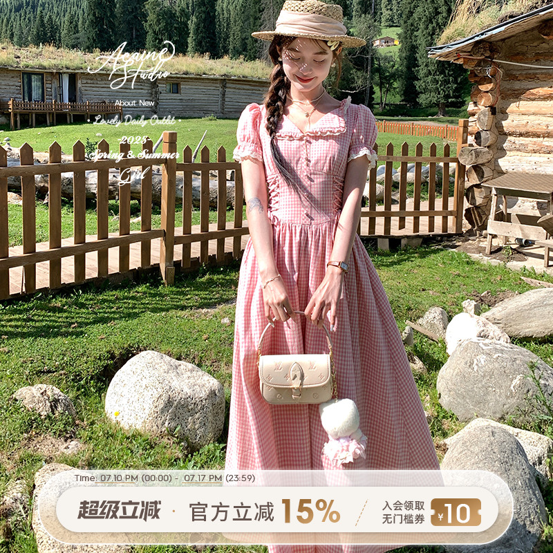 Acaine桃桃蜜格/长款甜美复古格纹收腰连衣裙女夏季法式休闲裙子