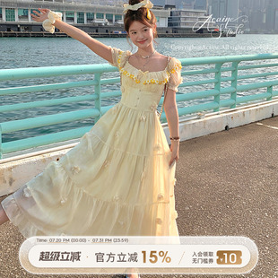 复古a字裙雪纺裙子 Acaine黄色长款 方领短袖 收腰连衣裙女夏季 法式
