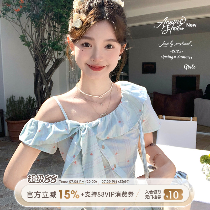 Acaine氧气甜盐/韩系少女感斜肩条纹衬衫女夏季半袖衬衣上衣