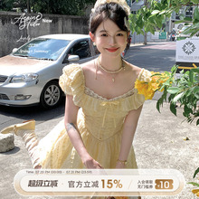 Acaine中长款黄色方领泡泡袖收腰a字连衣裙女夏季法式甜美裙子