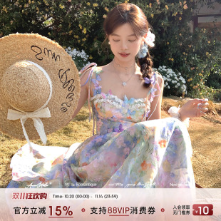 复古气质高级感裙子 法式 Acaine长款 印花收腰a字吊带连衣裙女夏季