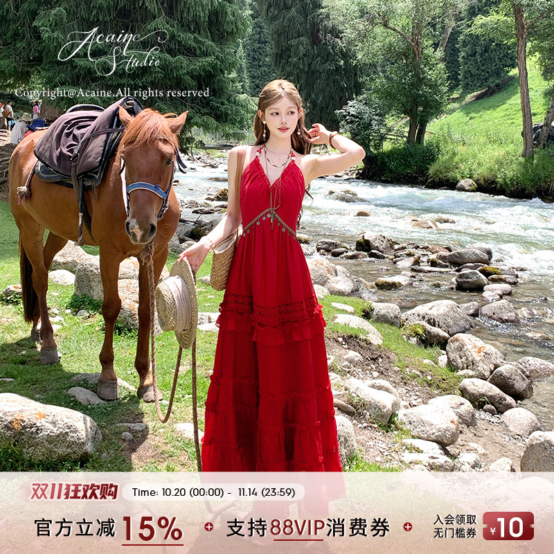 Acaine红色长款v领露肩收腰挂脖吊带连衣裙女夏法式气质性感裙子