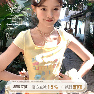 短款 t恤女夏季 Acaine涂鸦画册 印花套头短袖 显瘦上衣 半袖 体恤修身