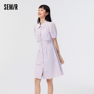裙少女感潮 森马连衣裙女泡泡袖 甜美温柔2023夏季 新款 蓝色宽松衬衫