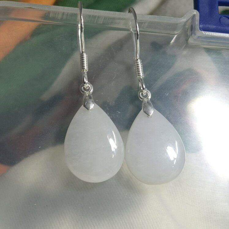 正品纯银耳环耳坠天然A货翡翠水滴水头足白色女耳饰高贵气质礼物