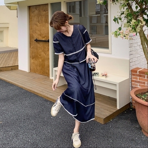 深蓝色小香风套装裙女2025超火盐系轻熟穿搭蕾丝拼接半身裙两件套图片
