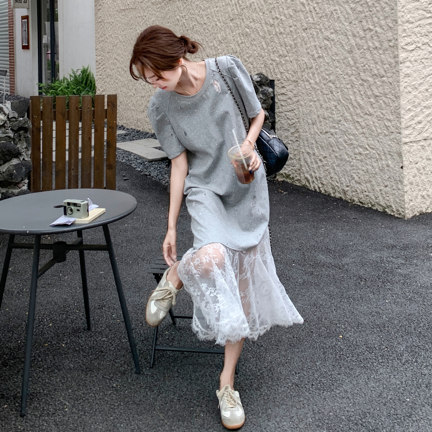 灰色蕾丝拼接连衣裙女2025年夏季新款韩系设计感气质减龄T恤长裙，女装连衣裙，浙宝160