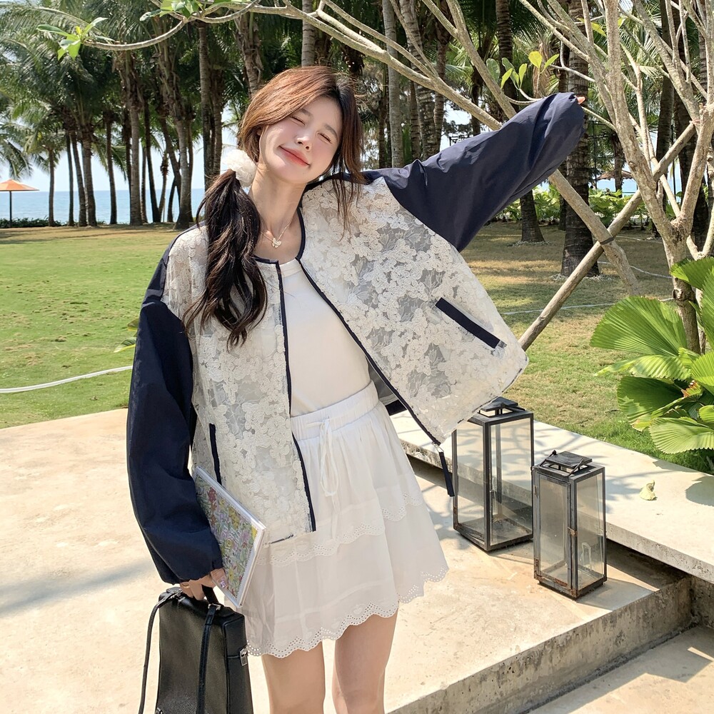 蕾丝拼接防晒短款外套女夏季2025新款高级设计感超火休闲宽松上衣,女装短外套,浙宝160