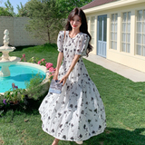 法式减龄碎花白色泡泡袖连衣裙女夏2025新款收腰显瘦气质长裙爆款，女装连衣裙，浙宝160