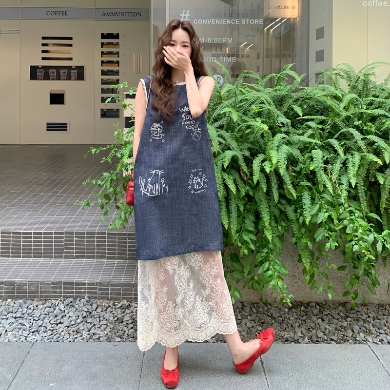 蕾丝两件套装刺绣无袖牛仔连衣裙女夏2025新款韩系绝美小众设计感，女装套装/套裙，浙宝160