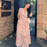 法式优雅气质碎花粉色连衣裙女2024夏季新款收腰甜美度假风长裙子，女装连衣裙，浙宝160