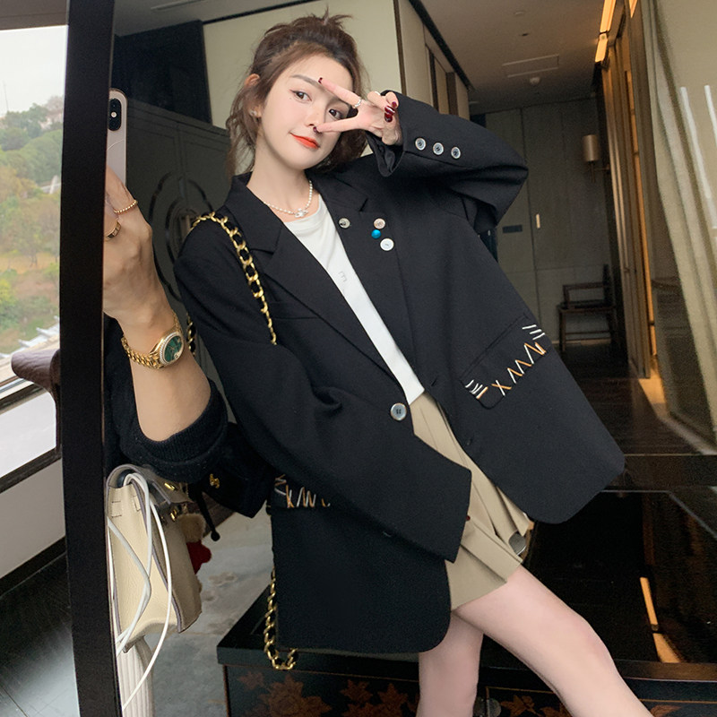 黑色感高级气质女神范西装外套女春季新款宽松刺绣休闲小西服上衣,女装,浙宝160