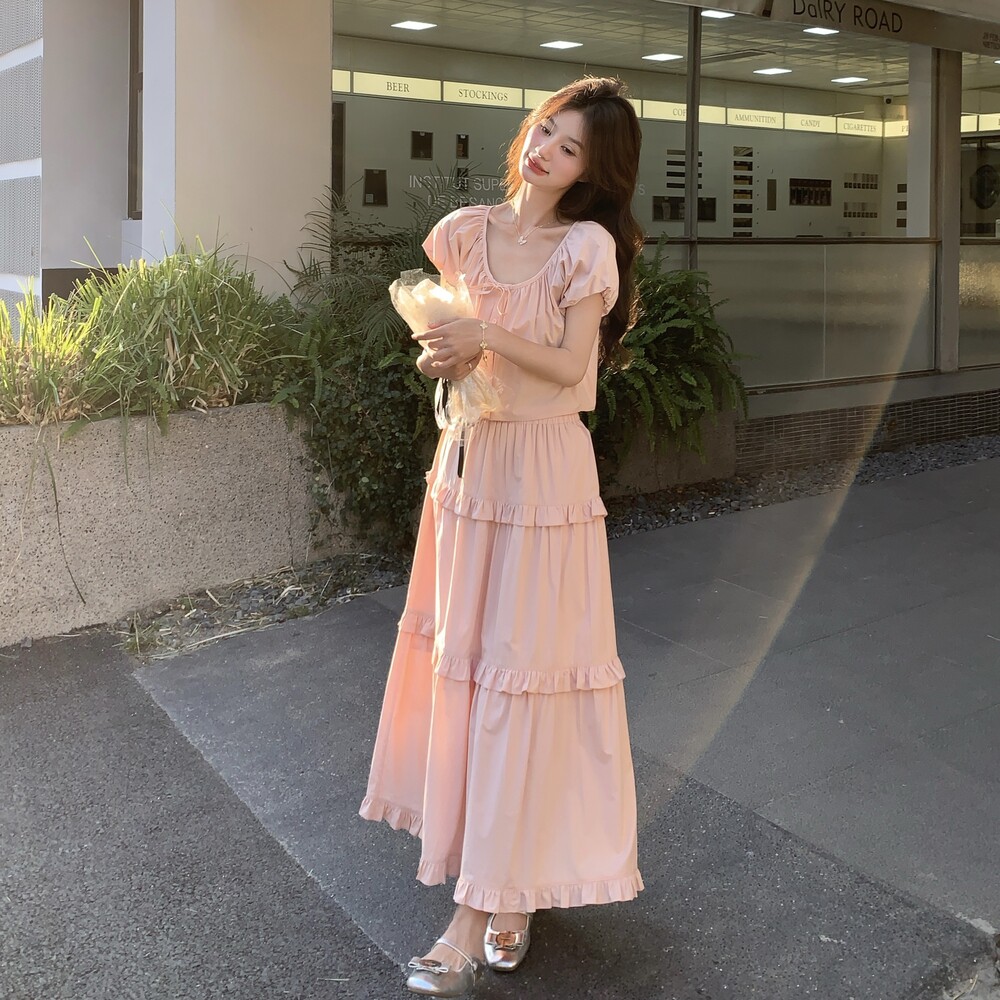 粉色泡泡袖上衣套装裙女2025夏季新款高级感甜美减龄半身裙两件套,女装套装/套裙,浙宝160