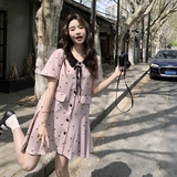 粉色温柔风时尚法式短裙女夏新款显瘦短袖学院风减龄蝴蝶结连衣裙，女装连衣裙，浙宝160