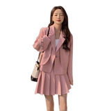 粉色西装套装女2025年春秋新款学院风高级感小个子JK百褶裙两件套，女装套装/套裙，浙宝160