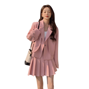 粉色西装套装女2025年春秋新款学院风高级感小个子JK百褶裙两件套图片