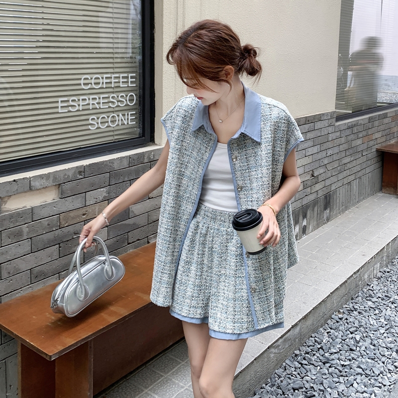 蓝色小香风衬衫短裤套装女夏2025新款两件套高级感轻熟风大方得体，女装套装/套裙，浙宝160