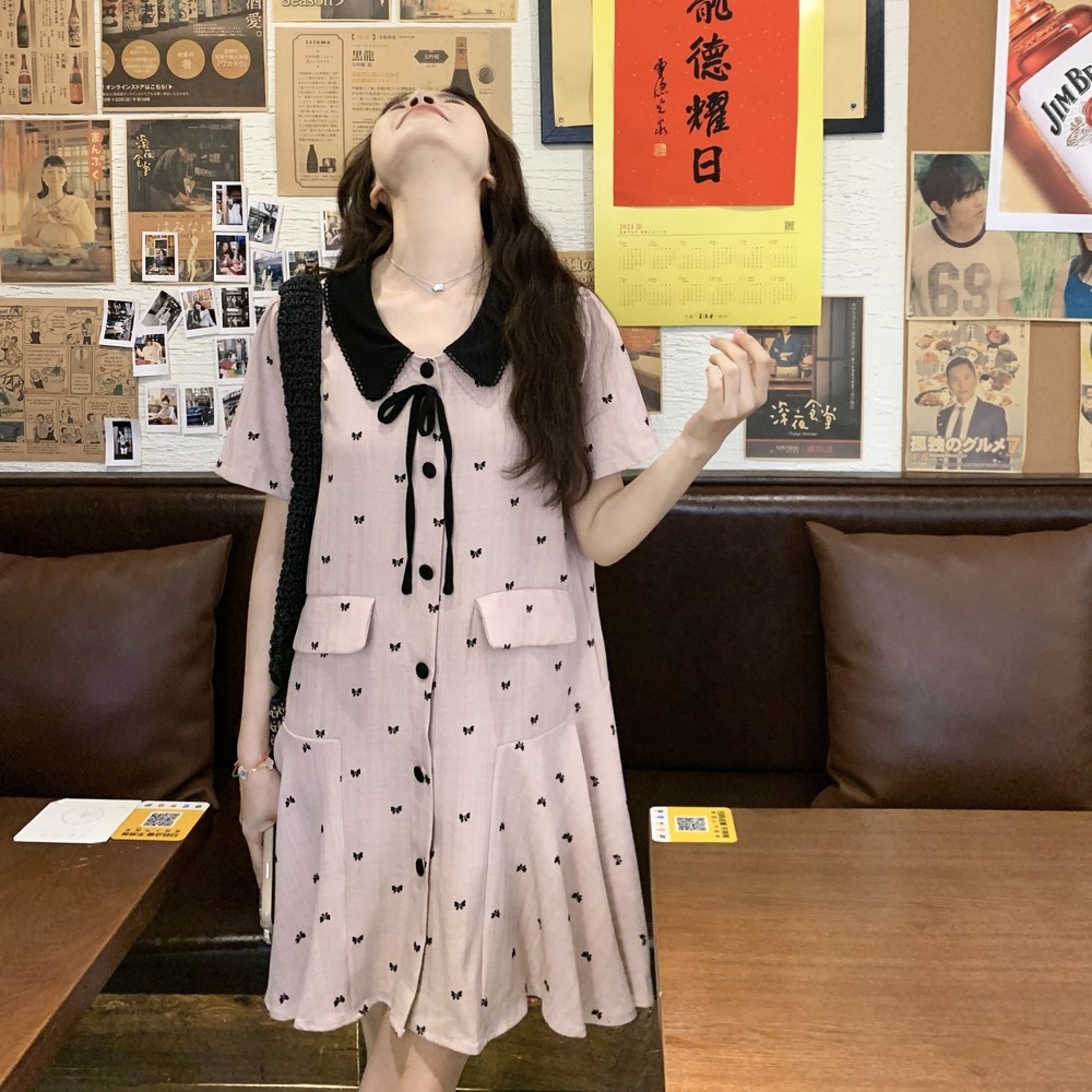 粉色温柔风时尚法式短裙女夏新款显瘦短袖学院风减龄蝴蝶结连衣裙,女装连衣裙,浙宝160