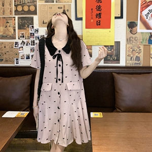 粉色温柔风时尚法式短裙女夏新款显瘦短袖学院风减龄蝴蝶结连衣裙图片