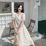 夏日甜美学院风连衣裙女2025新款减龄条纹马甲泡泡袖连衣裙两件套，女装套装/套裙，浙宝160