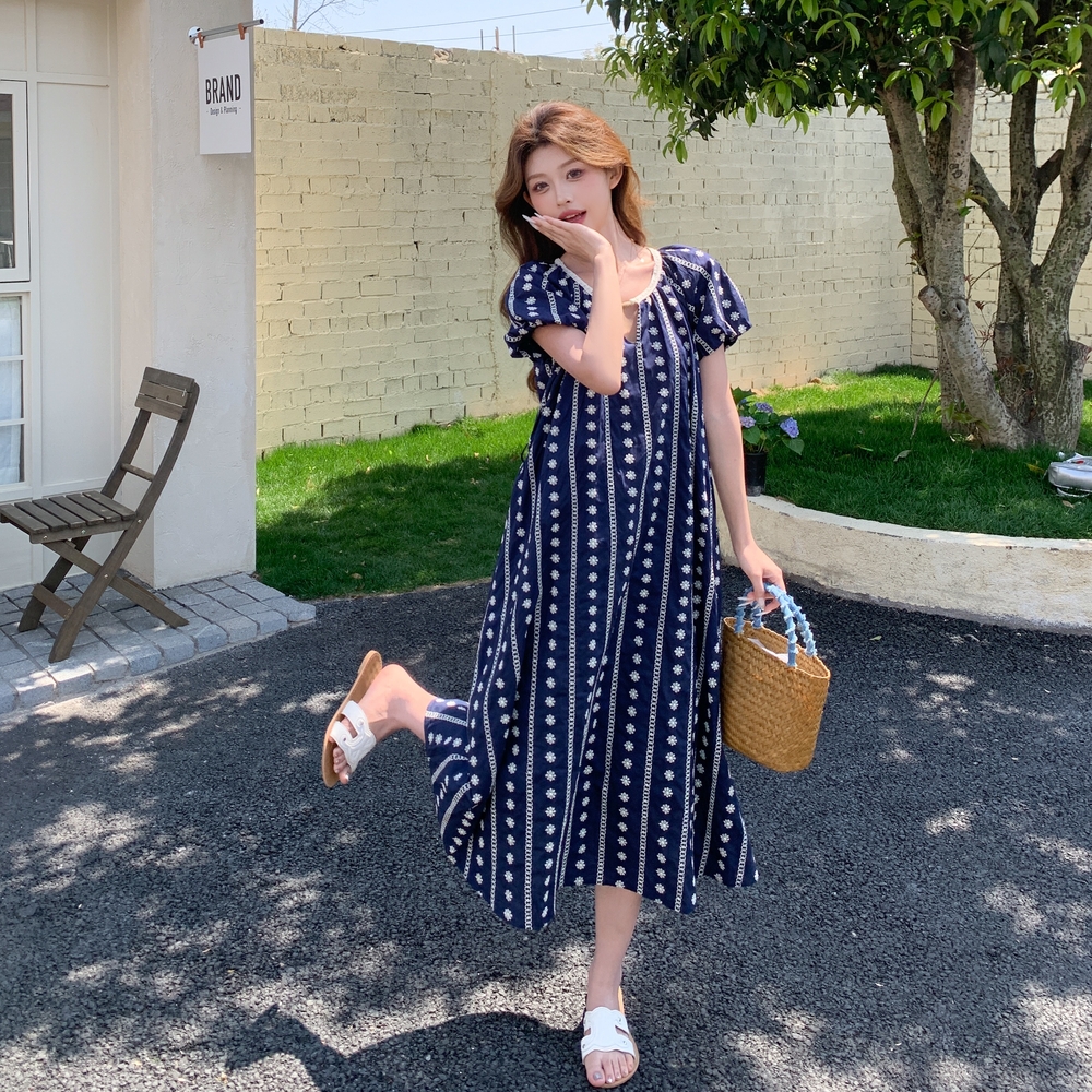 法式波西米亚度假连衣裙女2025夏季新款泡泡袖复古高级感收腰长裙，女装连衣裙，浙宝160