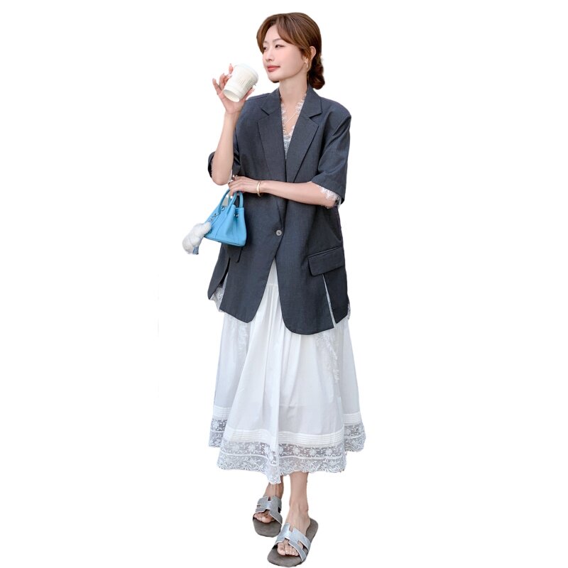 2025夏季新款时尚直筒短袖西装外套女蕾丝拼接设计感小众淡人西服,女装西装,浙宝160