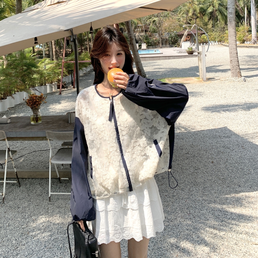 蕾丝拼接防晒短款外套女夏季2025新款高级设计感超火休闲宽松上衣，女装短外套，浙宝160