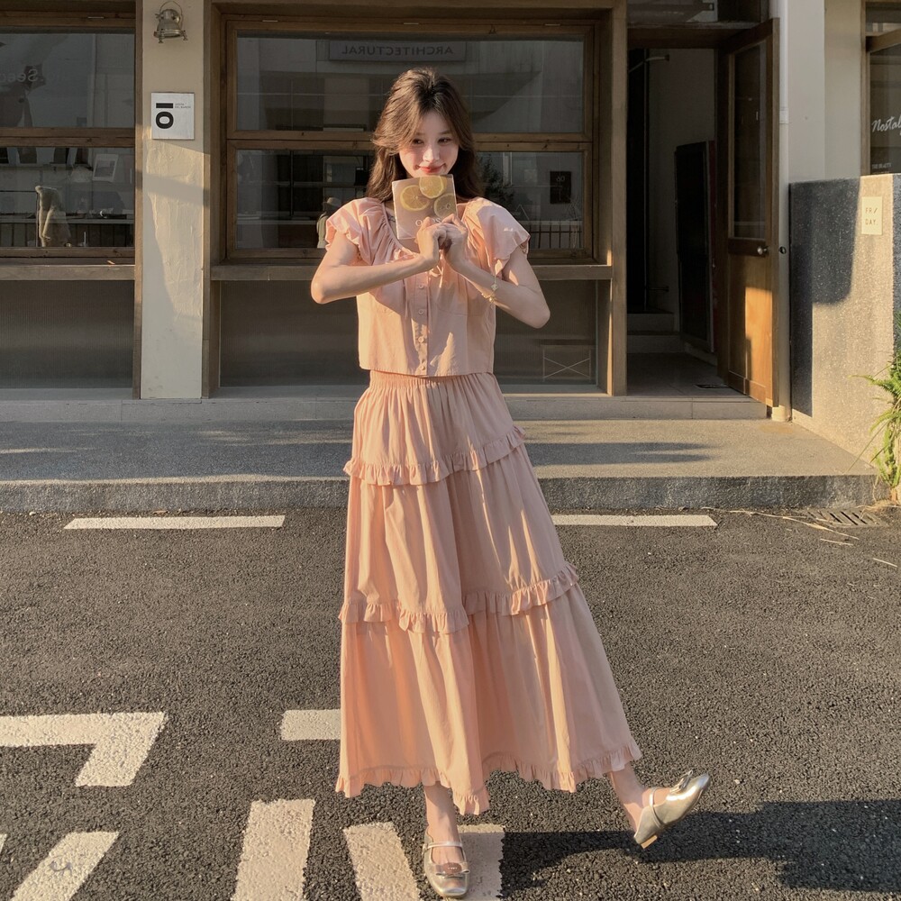 粉色泡泡袖上衣套装裙女2025夏季新款高级感甜美减龄半身裙两件套图片