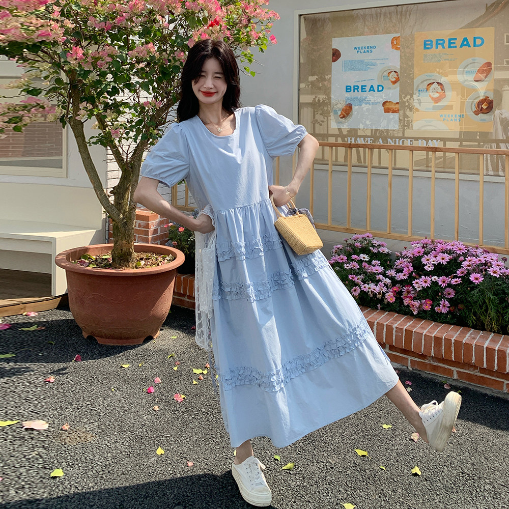 蓝色蕾丝披肩泡泡袖连衣裙女2025年夏季新款法式甜美木耳边A字裙,女装连衣裙,浙宝160