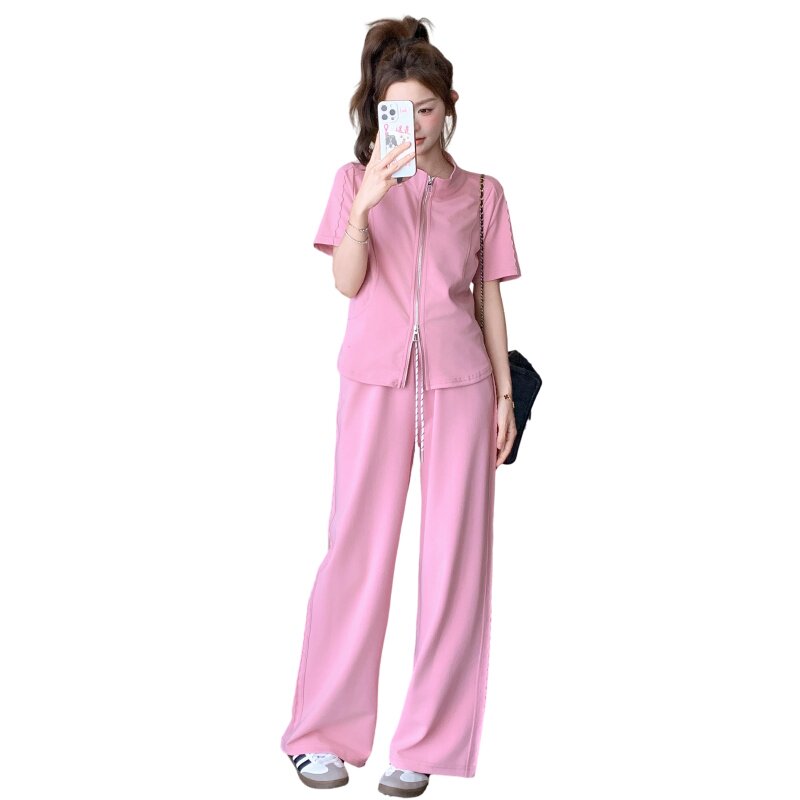 粉色休闲运动套装女夏季2025新款洋气减龄短袖上衣阔腿裤两件套女,女装套装/套裙,浙宝160