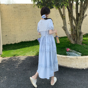 蓝色蕾丝披肩泡泡袖连衣裙女2025年夏季新款法式甜美木耳边A字裙图片
