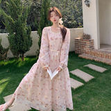 法式浪漫方领粉色蝴蝶印花连衣裙女2025新款春季时尚百搭长袖裙子，女装连衣裙，浙宝160