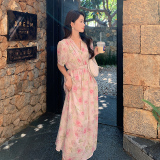 法式优雅气质碎花粉色连衣裙女2024夏季新款收腰甜美度假风长裙子，女装连衣裙，浙宝160