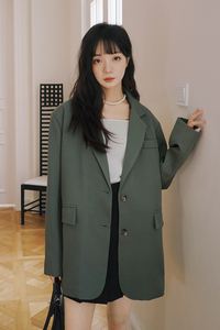 韩版绿色西装外套女早春秋2025新款高级感休闲气质垫肩宽松小西服图片