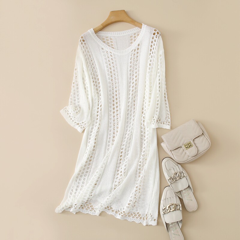 春夏新款甜美中长款镂空勾花针织圆领罩衫女宽松防晒短袖套头上衣