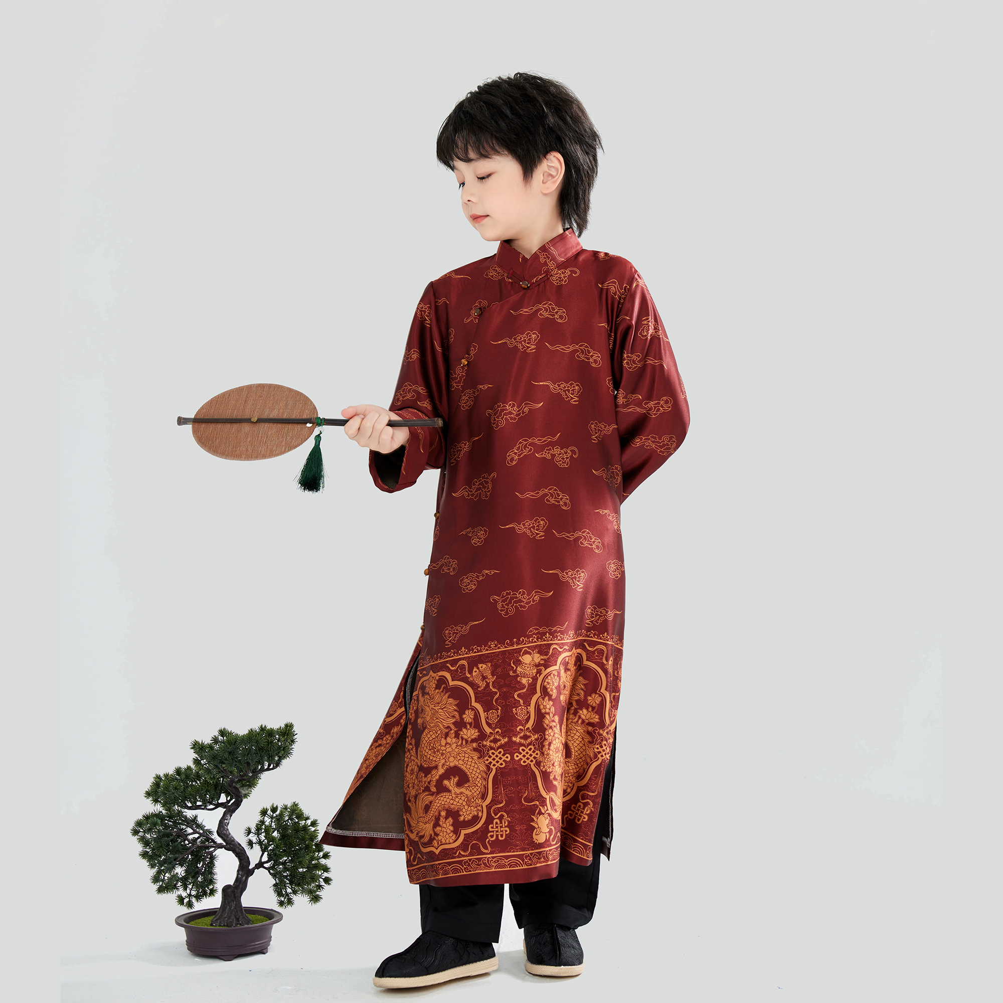 中式古风男童汉服长衫秋红色唐装