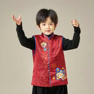 兴业堂古风男童唐装棉马甲儿童红色礼服背心冬中式走秀新年装