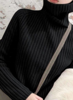 2025新款加厚高领毛衣女冬黑色堆堆领打底衫宽松外穿慵懒风针织衫